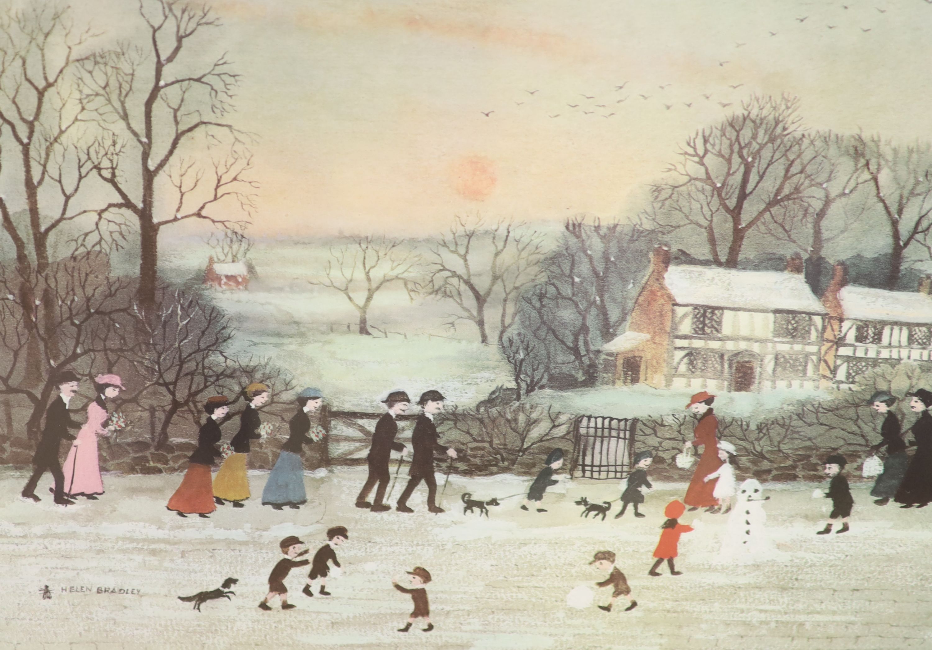 Helen Bradley, two signed prints, The Fair at Daisy Nook and Gathering Holly, 53 x 78cm and 31 x 39cm